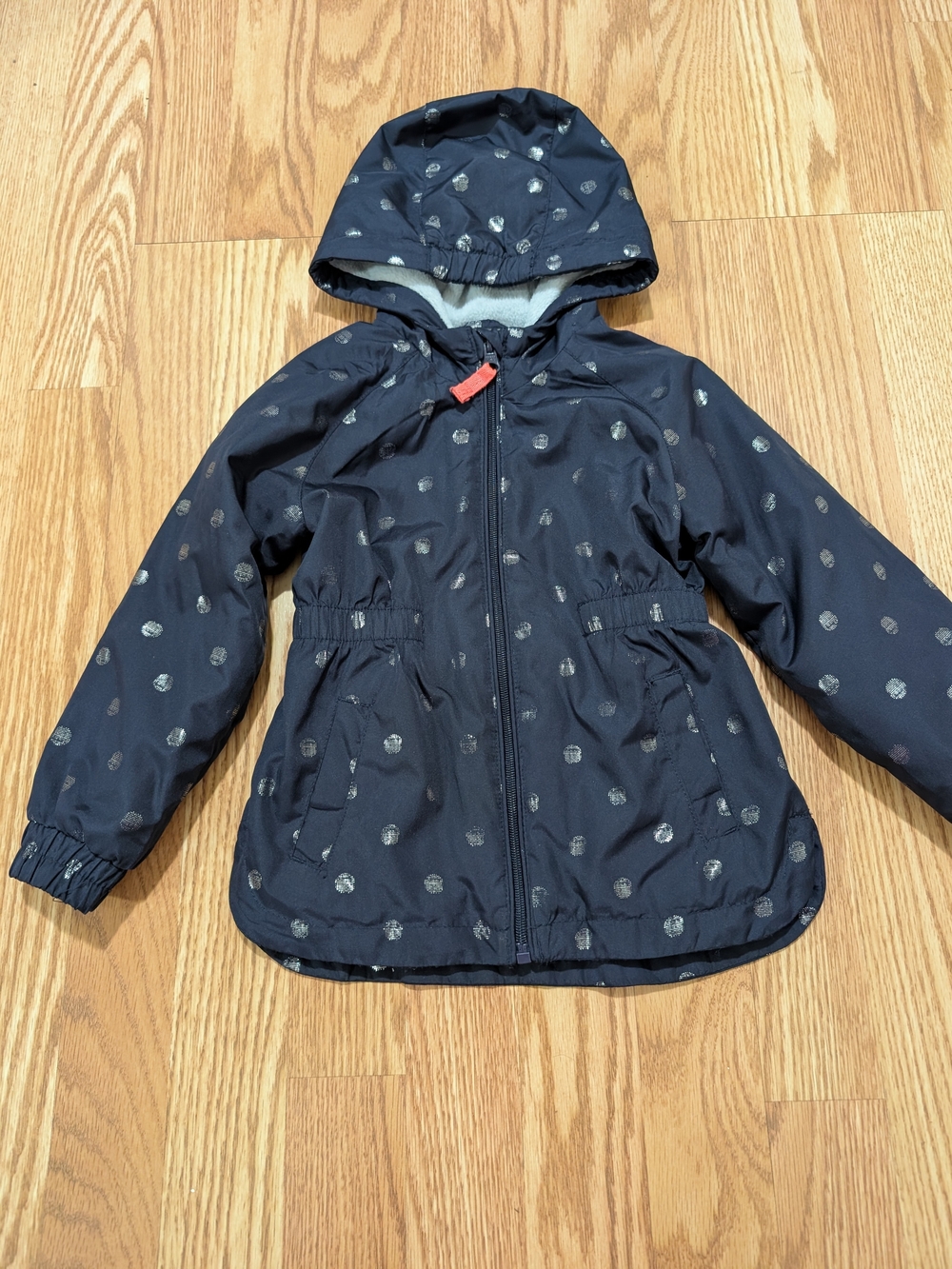OshKosh B'gosh Girls 3T Navy Hooded Raincoat with Silver Polka Dots
